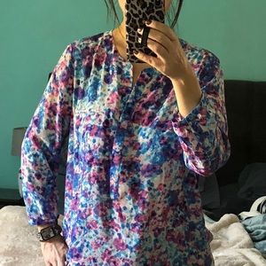 NYDJ Watercolor Floral Print V Neck Tunic Top Womens Size M Workwear Classiccore